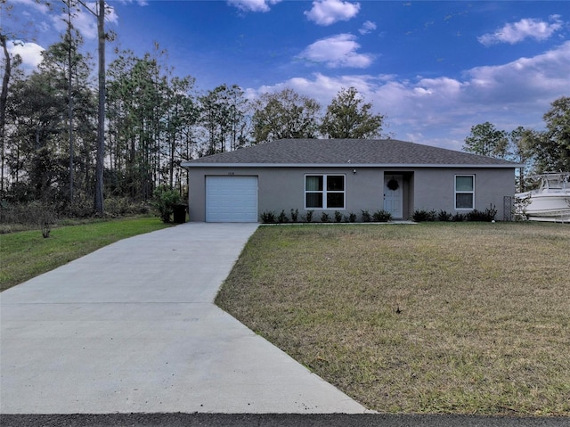 ranch-style house with a garage and a front yard