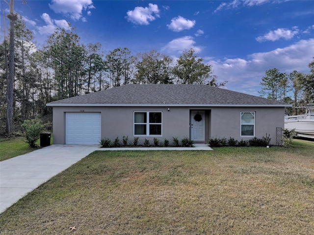 ranch-style home featuring a front yard and a garage