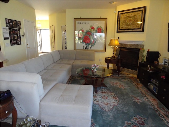 living room with a fireplace