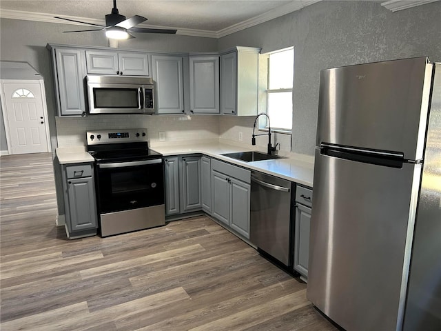 kitchen with gray cabinetry, sink, stainless steel appliances, crown molding, and hardwood / wood-style flooring