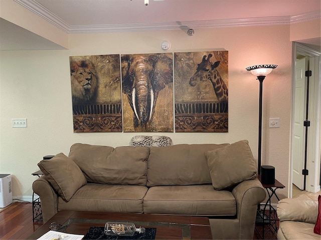 living room featuring crown molding and wood-type flooring