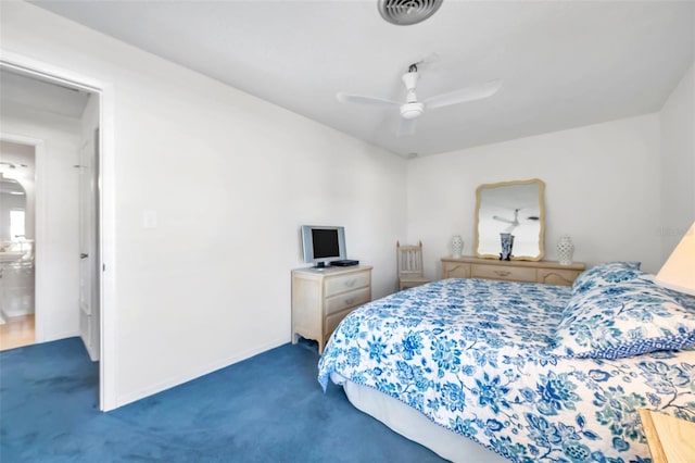 bedroom with dark carpet and ceiling fan