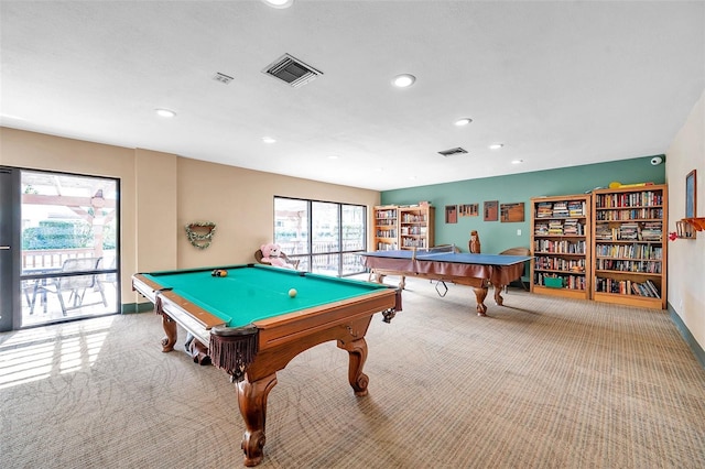 playroom with light carpet and pool table