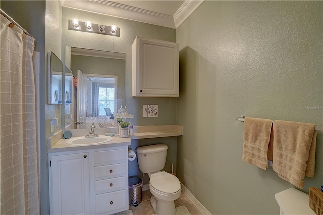 bathroom featuring tile patterned floors, crown molding, toilet, vanity, and a shower with shower curtain