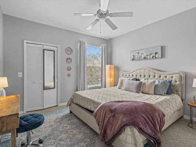 bedroom featuring ceiling fan, carpet floors, and baseboards