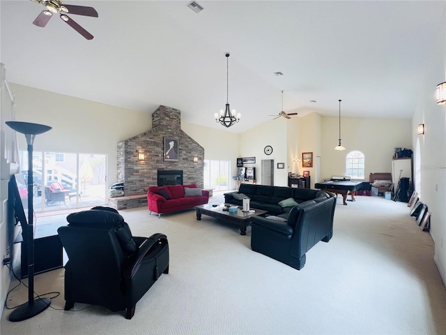 carpeted living room featuring high vaulted ceiling, ceiling fan, a stone fireplace, and billiards