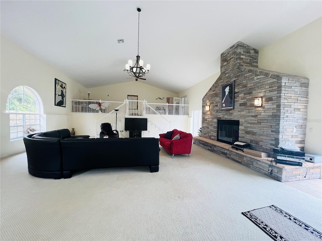 7941 Sycamore Dr, New Port Richey, FL 34654 - carpeted living room with a fireplace, a chandelier, and high vaulted ceiling