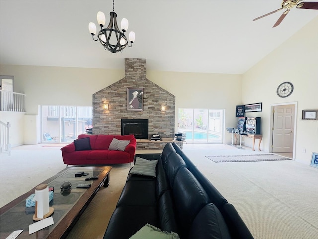 7941 Sycamore Dr, New Port Richey, FL 34654 - carpeted living room featuring high vaulted ceiling, healthy amount of natural light, ceiling fan, a chandelier, and a fireplace