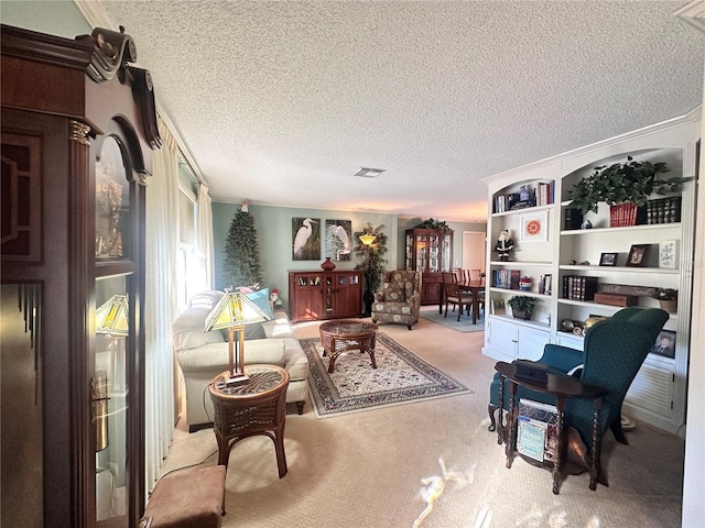 living room with light carpet and a textured ceiling