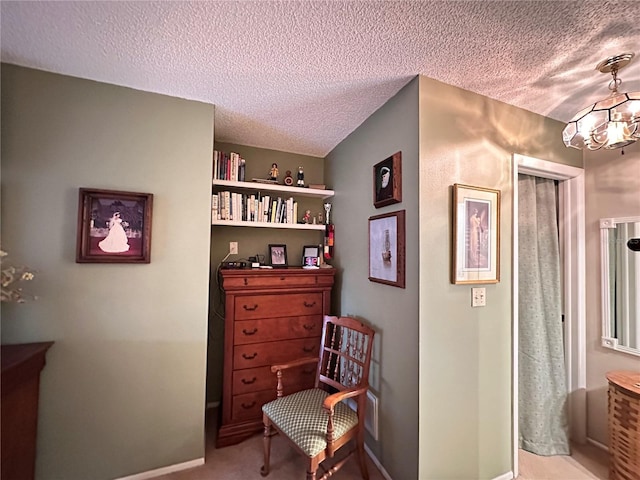 sitting room featuring light colored carpet and a textured ceiling