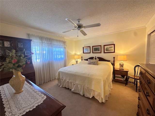 carpeted bedroom featuring a textured ceiling, ceiling fan, and ornamental molding