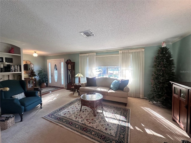 living room with ornamental molding, a textured ceiling, and light carpet