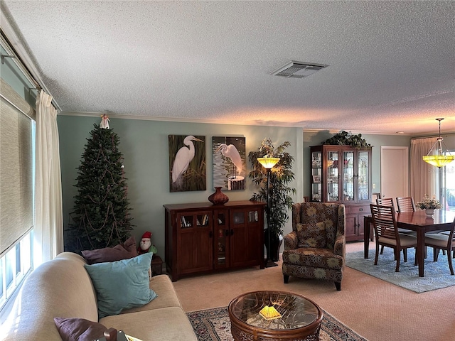 living room featuring light carpet, a textured ceiling, and crown molding