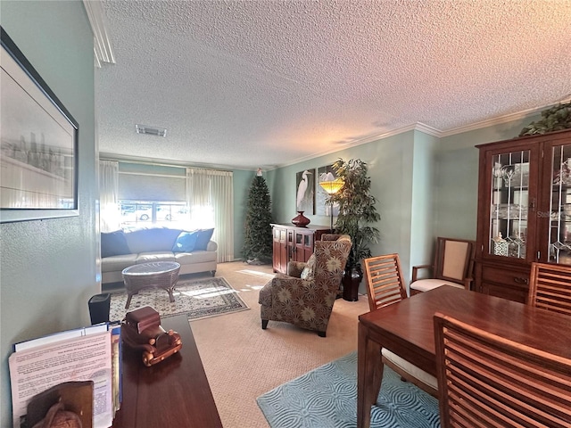 living area with carpet, crown molding, and a textured ceiling