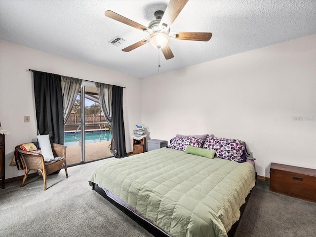 bedroom with carpet, a textured ceiling, access to outside, and ceiling fan