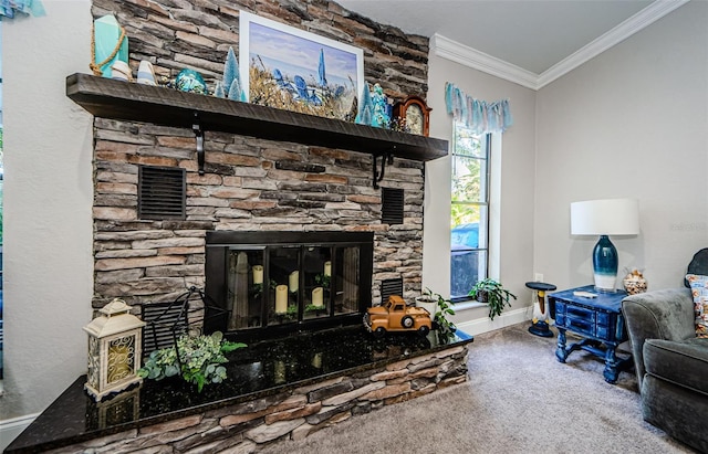 living room with carpet floors, a stone fireplace, and crown molding