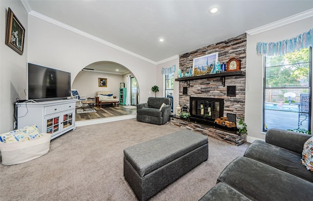 carpeted living room featuring a healthy amount of sunlight, ornamental molding, and a fireplace