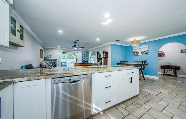 kitchen featuring white cabinets, dishwasher, light stone countertops, and ornamental molding