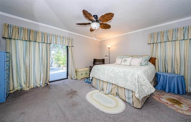 bedroom with ceiling fan, crown molding, a textured ceiling, access to outside, and carpet