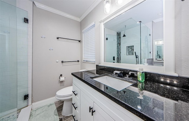 bathroom featuring an enclosed shower, ornamental molding, vanity, hardwood / wood-style flooring, and toilet