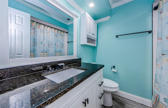 bathroom with ornamental molding, wood-type flooring, toilet, vanity, and a shower with shower curtain