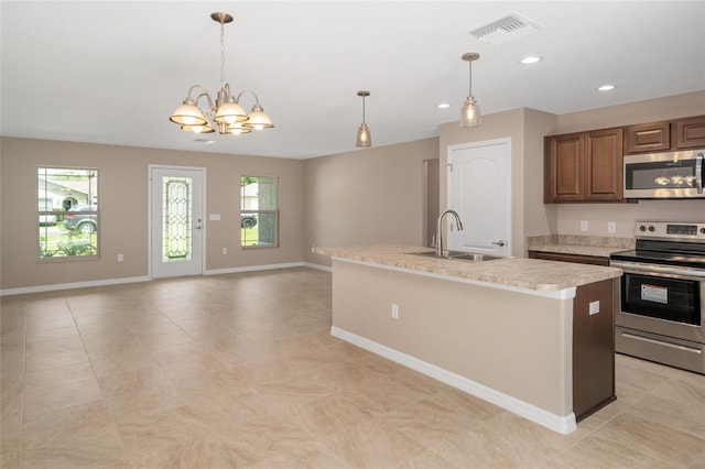 kitchen with a center island with sink, sink, stainless steel appliances, and a wealth of natural light