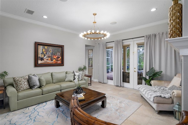 tiled living room featuring a chandelier, french doors, a textured ceiling, and ornamental molding