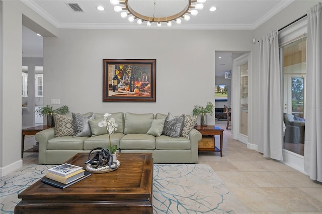 tiled living room with an inviting chandelier, a wealth of natural light, and crown molding