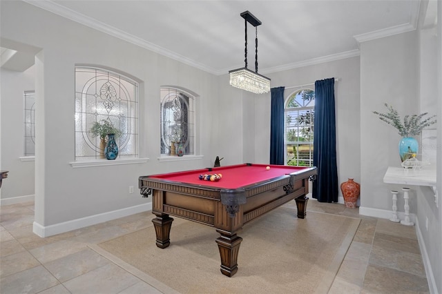 game room with light tile patterned flooring, crown molding, and pool table