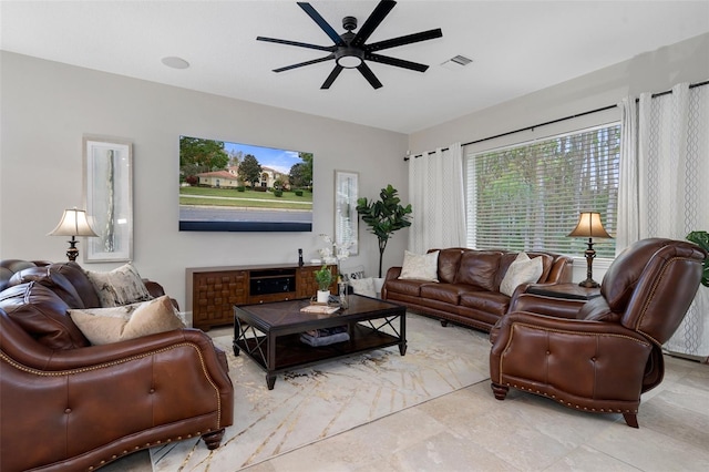 living room with ceiling fan