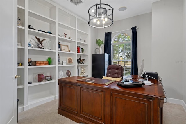 home office with an inviting chandelier