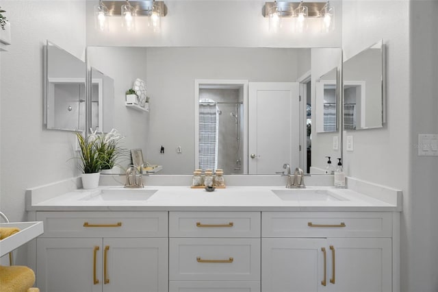 bathroom featuring vanity and an enclosed shower