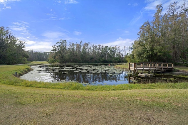 view of dock with a water view