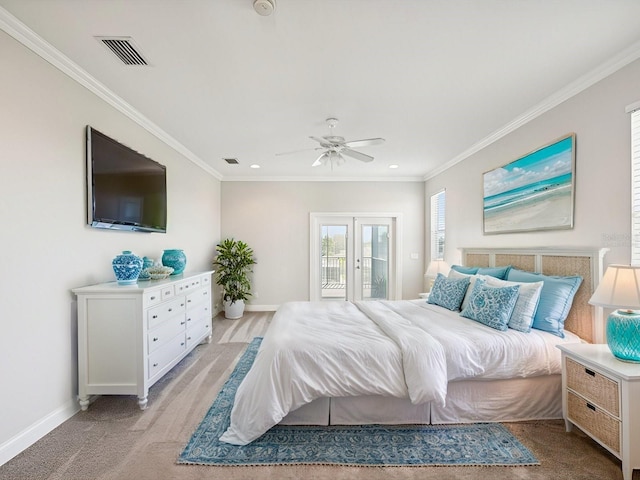 bedroom featuring access to exterior, light carpet, french doors, ceiling fan, and crown molding