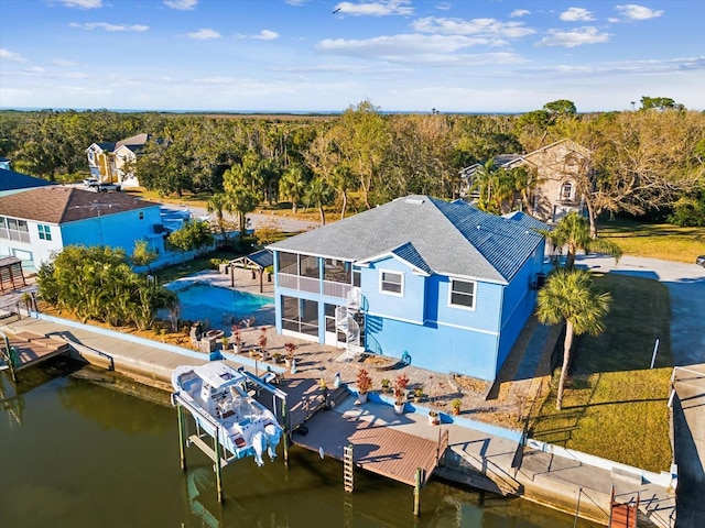 aerial view featuring a water view