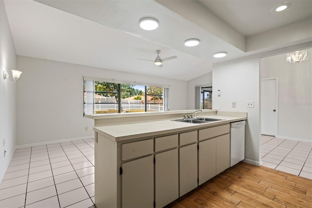 kitchen with ceiling fan, sink, white dishwasher, and kitchen peninsula