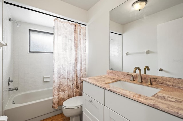 full bathroom featuring shower / tub combo with curtain, vanity, wood-type flooring, and toilet