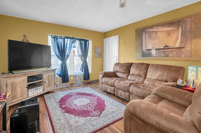 living room with a textured ceiling and light hardwood / wood-style flooring