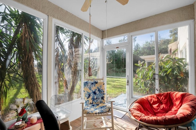 sunroom / solarium with a wealth of natural light and ceiling fan