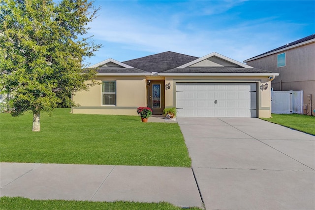 ranch-style house with a front yard and a garage