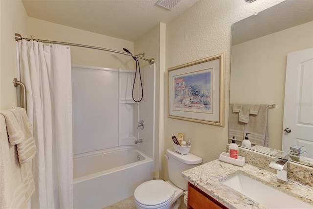 full bathroom featuring vanity, a textured ceiling, toilet, and shower / bathtub combination with curtain