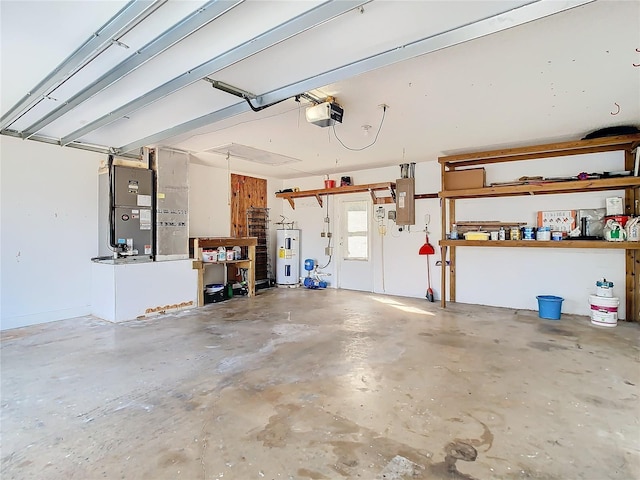 garage with heating unit, electric water heater, electric panel, and a garage door opener