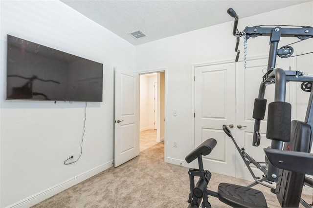 exercise room featuring light colored carpet and a textured ceiling