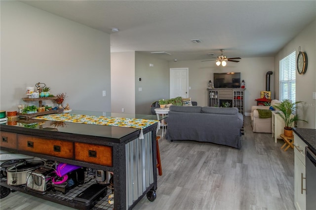 kitchen with white cabinets, light hardwood / wood-style floors, stainless steel dishwasher, and ceiling fan