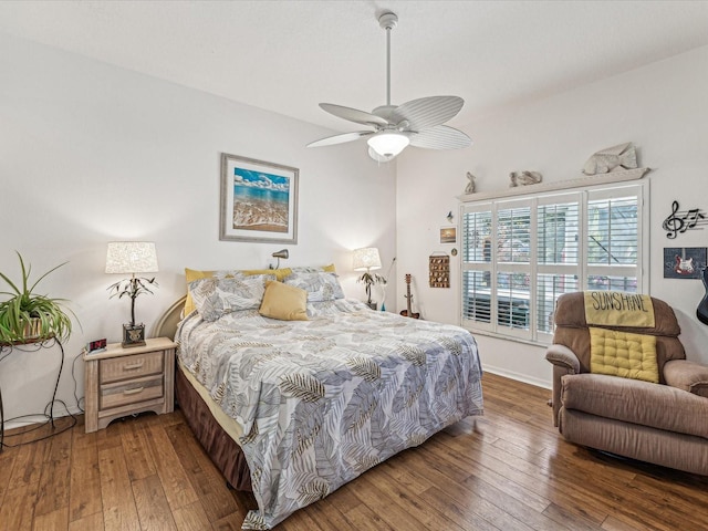 bedroom with hardwood / wood-style floors and ceiling fan