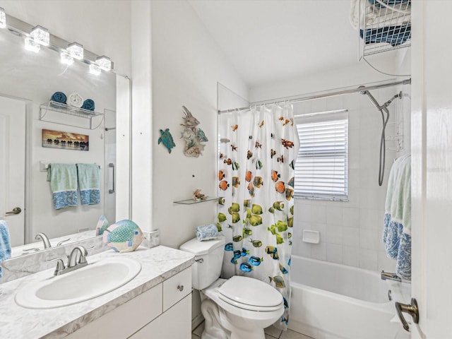 full bathroom with vanity, vaulted ceiling, shower / tub combo, and toilet