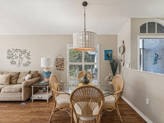 dining room with hardwood / wood-style flooring and a textured ceiling