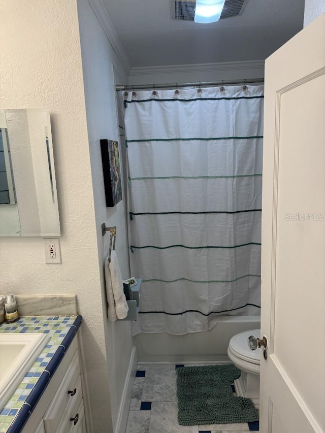 full bathroom featuring toilet, vanity, shower / tub combo, and ornamental molding