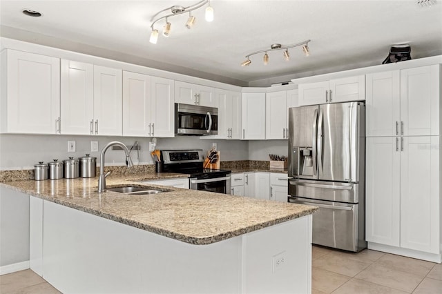 kitchen featuring kitchen peninsula, stainless steel appliances, white cabinetry, and sink