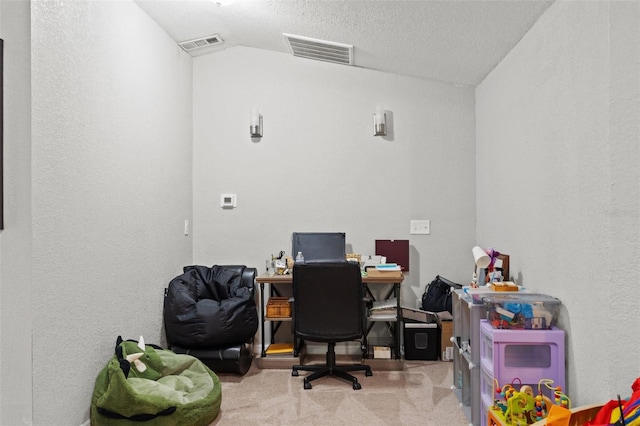 carpeted office with lofted ceiling and a textured ceiling